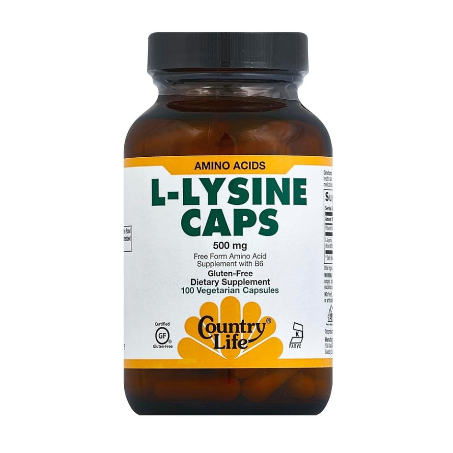 Country Life L-Lysine 500mg with B-6, Supports Immune Health, Promotes Collagen Renewal in Lips and Mouth, 100 Vegan Capsules